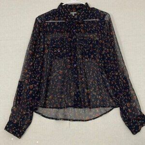 Charlotte Russe Blouse, Sheer with Chest Pockets, Roll Tab Sleeves, Black, Large